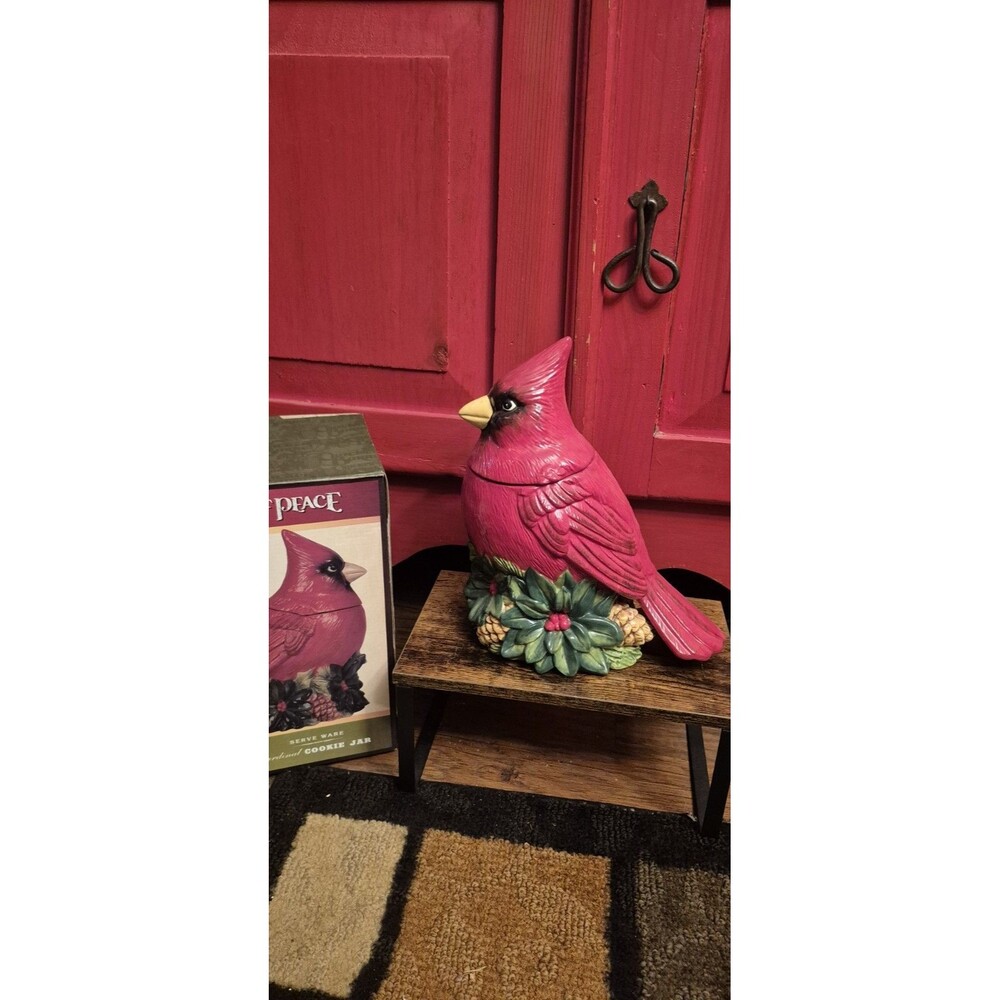 Cracker Barrel Season of Peace Red Cardinal Bird Ceramic Cookie Jar EUC With Box